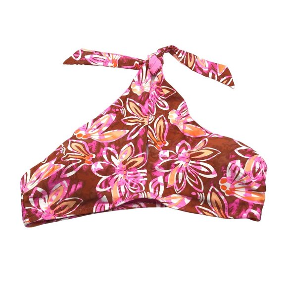 Aerie Swim Halter Bikini Top Keyhole Removable Cups Floral Print Pink Brown L - Picture 1 of 5